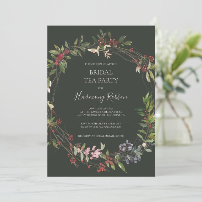 Convite Festa de Chic Botânica Negra Verde Bridal Feriada (Em pé/Frente)