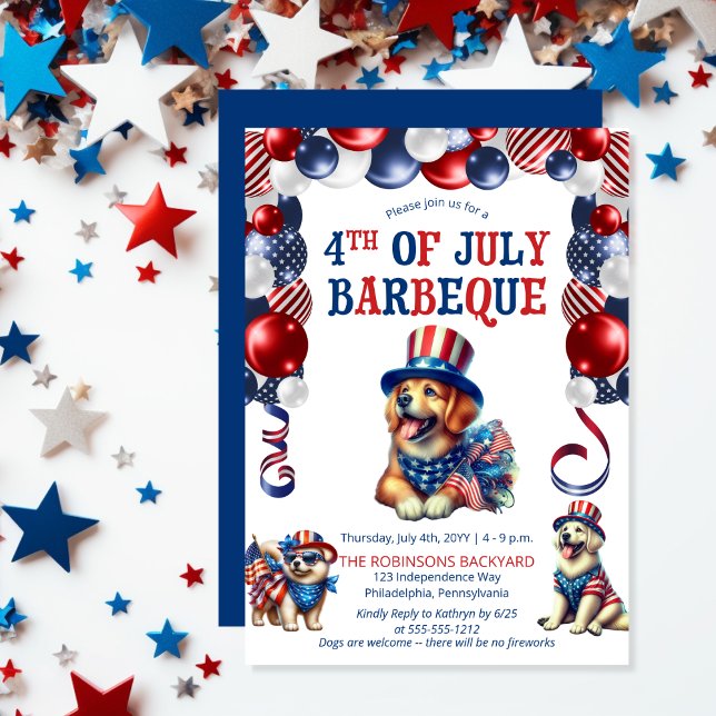 Convite Festa de CHURRASCO de 4 de julho sem fogos de arti (Balloon Arch and Cute Cool Dogs No Fireworks Pet Friendly 4th of July BBQ Invitation)