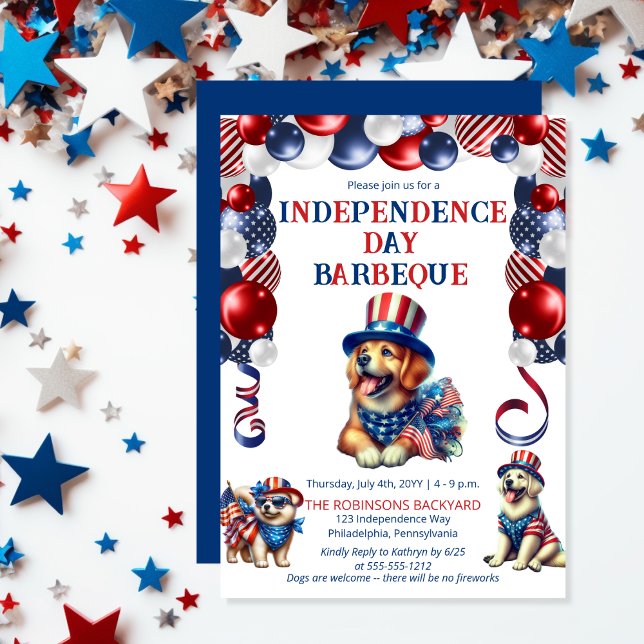 Convite Festa de CHURRASCO de 4 de julho sem fogos de arti (Balloon Arch Cute Dogs Dog-Friendly Independence Day BBQ July 4 Invitation)