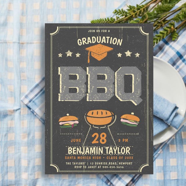Convite Festa de CHURRASCO de Graduação País Negro (male high school graduation party ideas bbq party invitations college grad template rustic country)