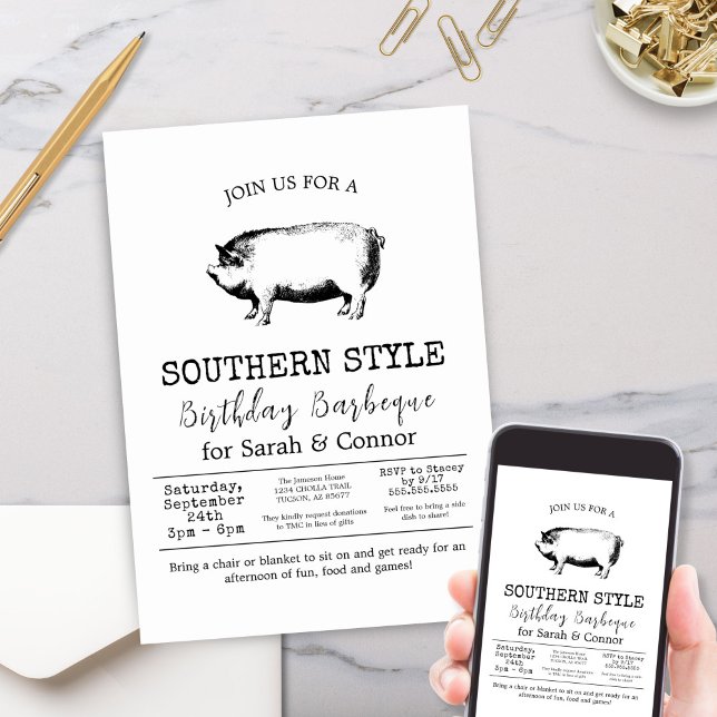 Convite Festa de Churrasco de Porco Assado Preto e Branco  (Minimal Black and White Vintage Rustic Farmhouse Whole Pig Barbeque Party Invitations)