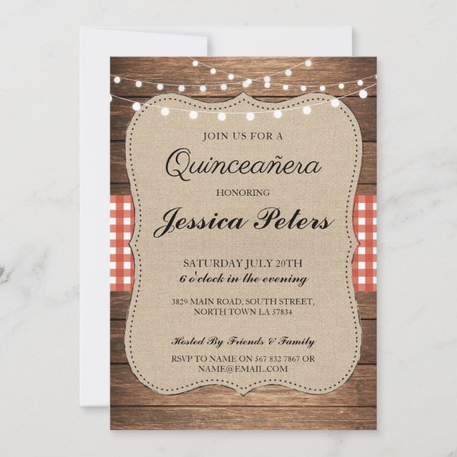 Convite Festa de CHURRASCO de Quinceanera Red Check Rustic (Frente)