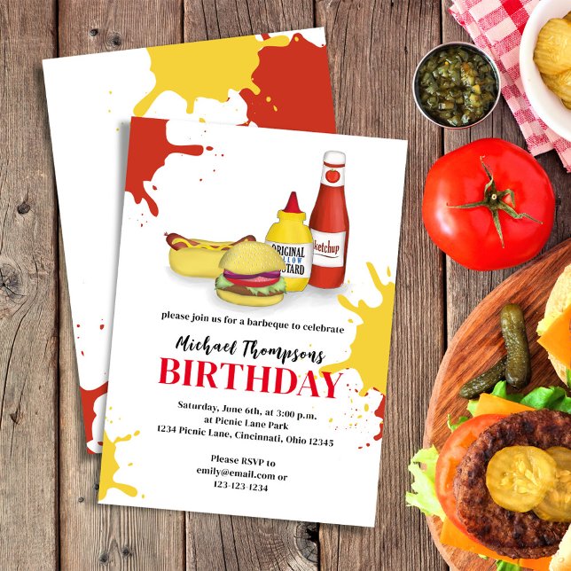 Convite Festa de CHURRASCO de Verão de Aniversário (Birthday invitation with hamburger, hotdog, ketchup, and mustard.)