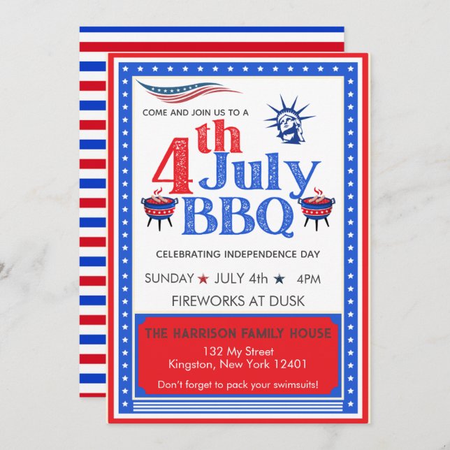 Convite Festa de Churrasco do Dia 4 de Julho Vermelho Bran (Frente/Verso)