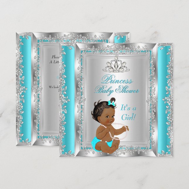 Convite Festa de Chuveiro de Bebê Princesa Teal Prata Étni (Frente/Verso)