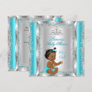 Convite Festa de Chuveiro de Bebê Princesa Teal Prata Étni