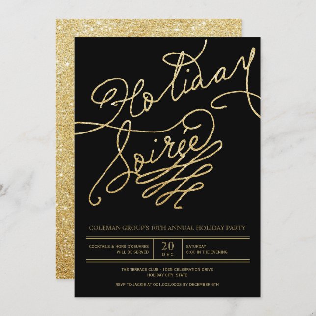 Convite Festa de Classe de Script Glitter Dourado do Siree (Frente/Verso)