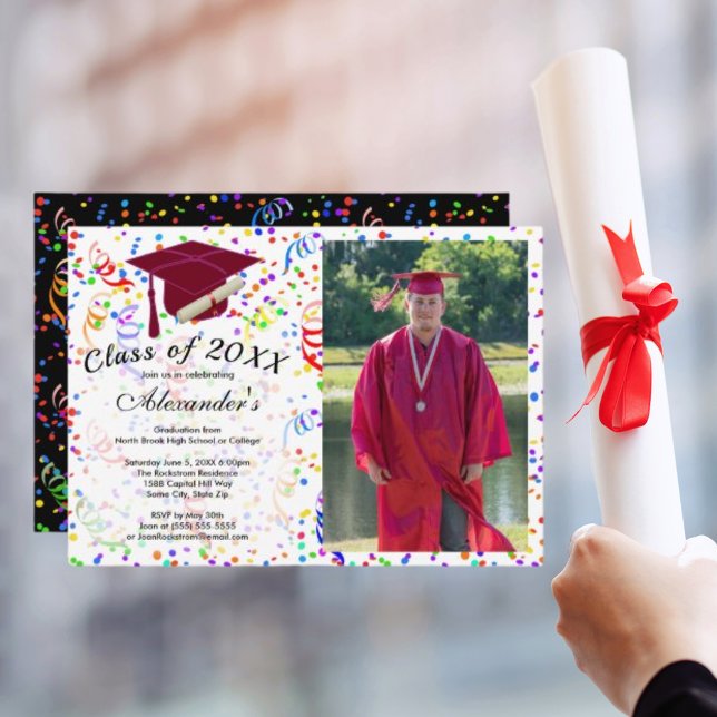 Convite Festa de Classe do Boné Vermelho de Graduação de F (Photo Graduation Red Cap Confetti Class Party Invitation)