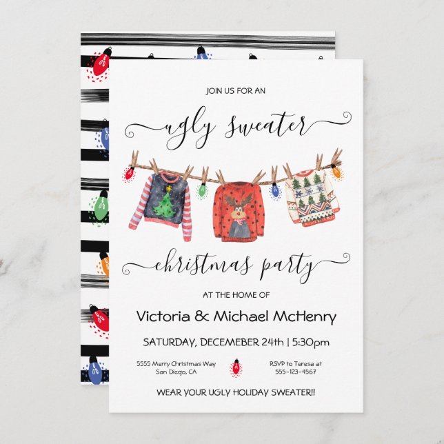 Convite Festa de Clothesline do Sweater de Natal Feio (Frente/Verso)