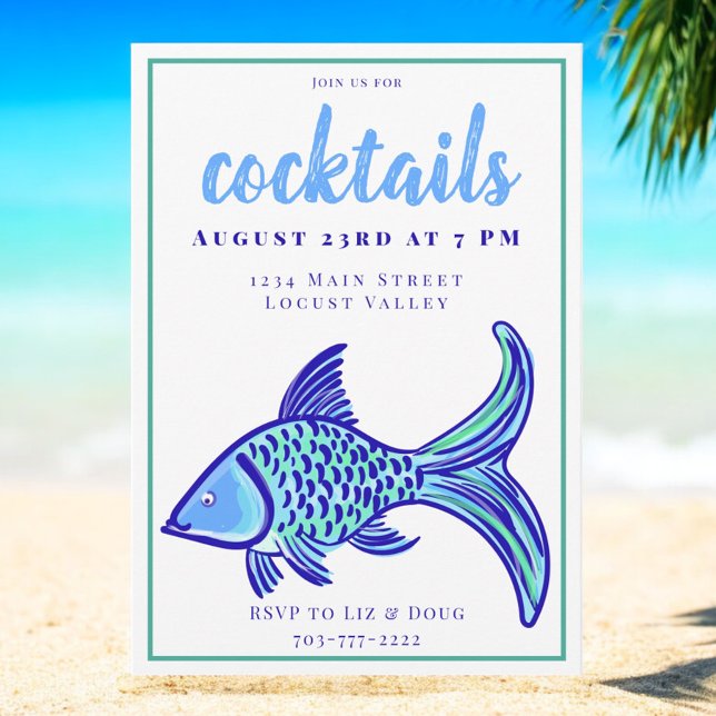 Convite Festa de Cocktail Costeira de Peixe Azul Preppy  (Criador carregado)