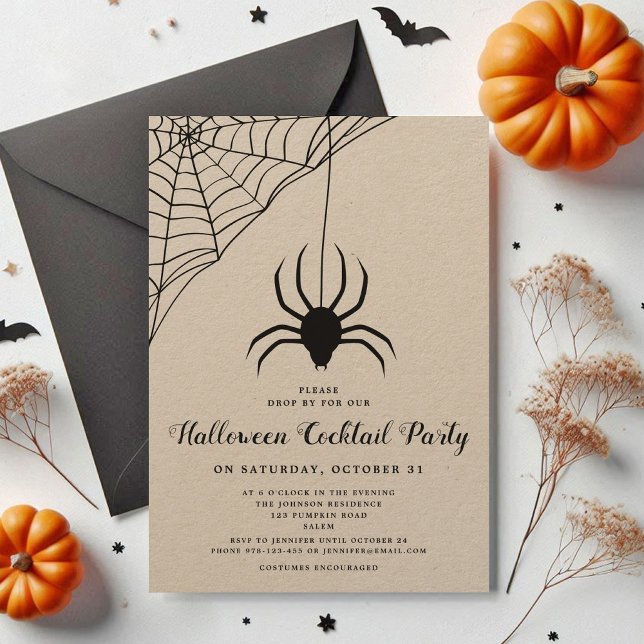 Convite Festa de Cocktail, de estuque, de bruxas, de raça  (Black Cute Spider Halloween Cocktail Party Invitation)