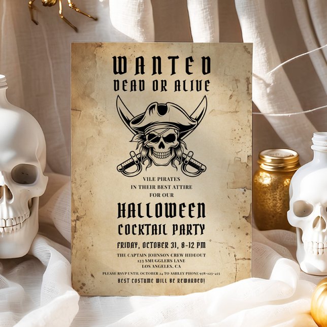 Convite Festa de Cocktail de Halloween Caveira de Pirata A (Vintage Pirate Skull Halloween Cocktail Party Invitation)