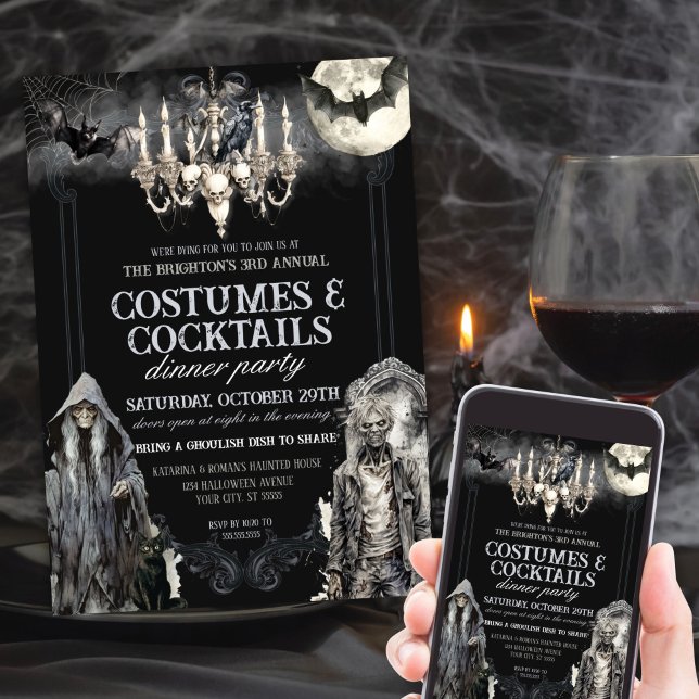 Convite Festa de Cocktail de Halloween com Fantasias Gótic (Moody Gothic Costumes and Cocktails Halloween Party Invitations for Adults)