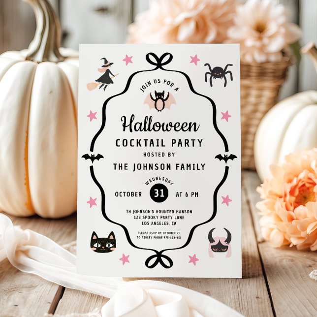 Convite Festa de Cocktail de Halloween Coquete Fofa (Cute Coquette Halloween Cocktail Party Invitation)