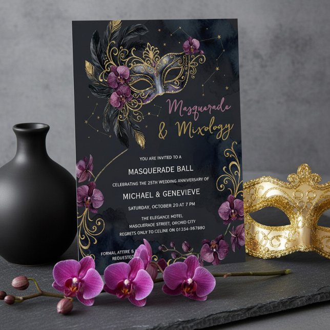 Convite Festa de Cocktail de Halloween Mascarada e Mixolog (Masquerade & Mixology, masked cocktail ball invitation by Darling & May (printed or digital))