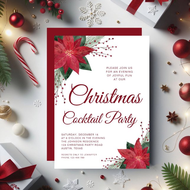 Convite Festa de Cocktail de Natal com Rotulo Floral de Po (Floral Poinsettia Script Christmas Cocktail Party Invitation)