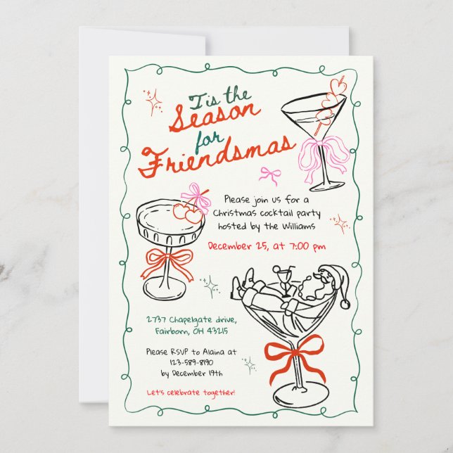 Convite Festa de Cocktail de Natal Desenhada à Mão (Frente)