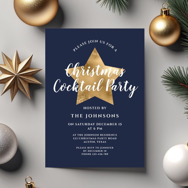 Convite Festa de Cocktail de Natal Estrela Dourada Azul Ma (Navy Blue Gold Star Christmas Cocktail Party Invitation)