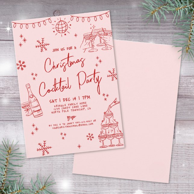 Convite Festa de Cocktail de Natal Excêntrica Desenhada à  (Hand Drawn Quirky Christmas Cocktail Party Invitation)