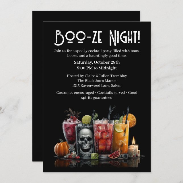 Convite Festa de Cocktail do Halloween | Boo-ze Night (Frente/Verso)