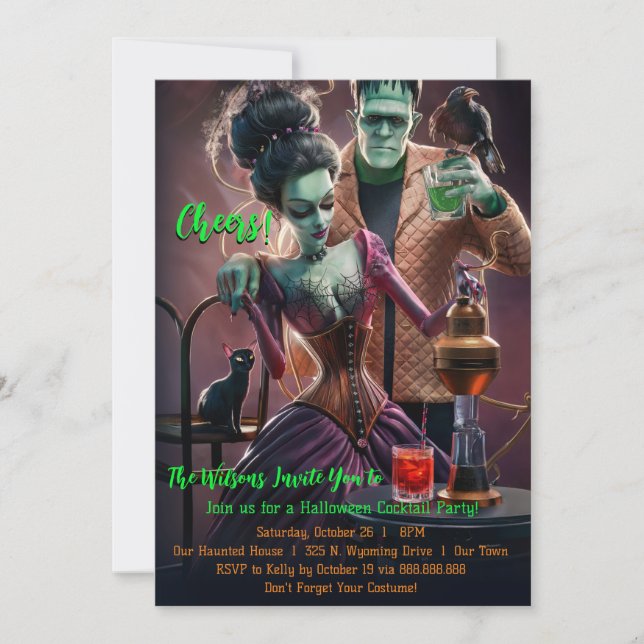 Convite Festa de Cocktail do Halloween, Frankenstein & Bri (Frente)