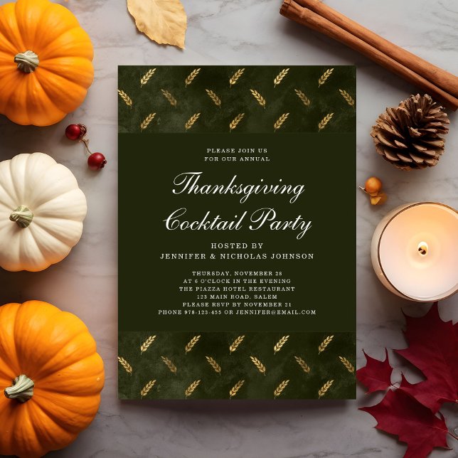 Convite Festa de Cocktail Dourada Verde de Ação de Graças (Green Gold Crop Thanksgiving Cocktail Party Invitation)