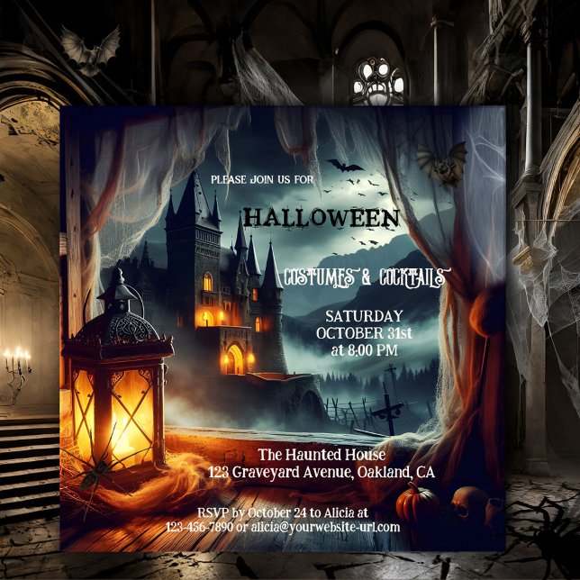 Convite Festa de Cocktail no Castelo de Costume do Hallowe (Adult Halloween costume and cocktail invitation featuring a night scene with lantern and dark castle)