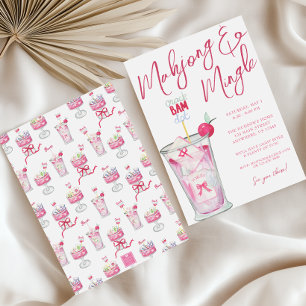 Convite Festa de Cocktails de Mahjong, Rosa-Quente-Aquarel