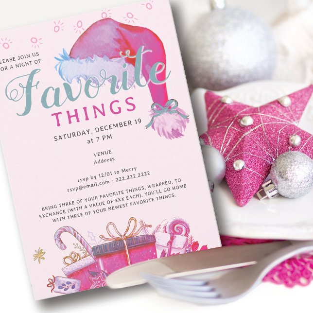 Convite Festa de Coisas Favoritas Feriado Rosa Troca de Pr (Favorite Things Party Holiday Pink Gift Exchange Secret Santa White Elephant Office Family & Friends)
