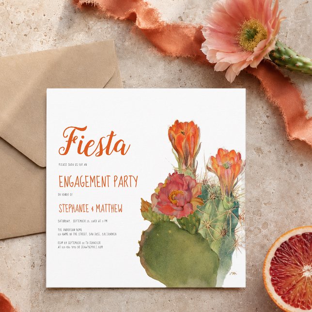 Convite Festa de Compromisso Cactus Aquarela Floral Script (Criador carregado)