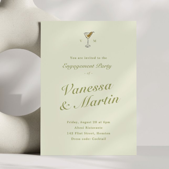 Convite Festa de Compromisso Clássico Olive Martini (olive martini engagement party invitation with light green background)