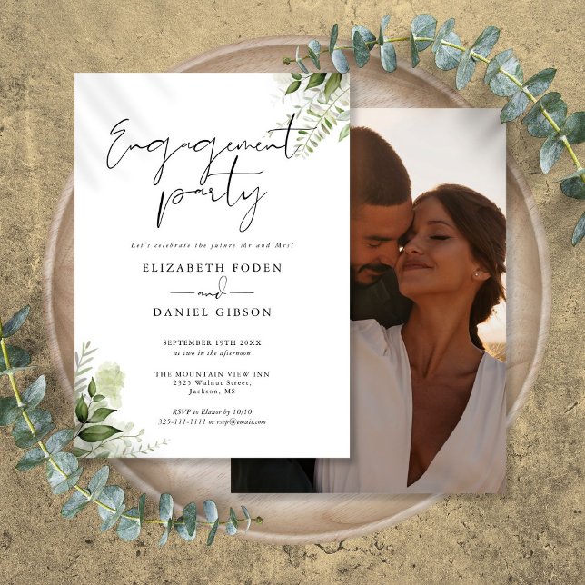 Convite Festa de Compromisso com Fotografia e Caligrafia d (Floral Greenery Script Photo Engagement Party Invitation)