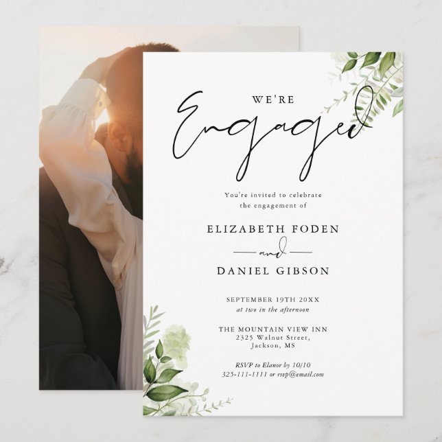 Convite Festa de Compromisso de Floral Verde Elegante (Frente/Verso)