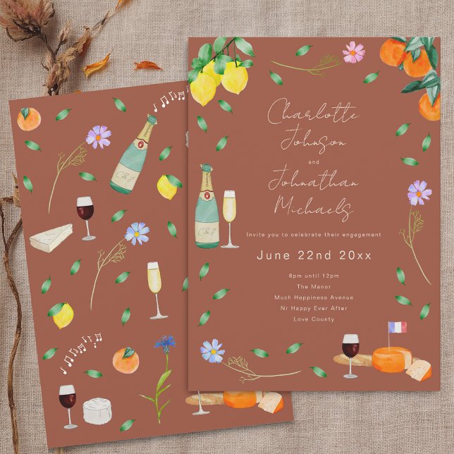 Convite Festa de Compromisso de Vinho e Queijo Boho Outono (Boho chic fall wine and cheese wedding engagement party terracotta invitation Autumn colors oranges)