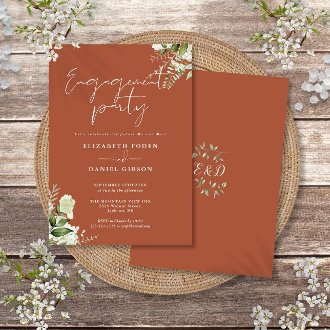 Convite Festa de Compromisso Floral com Verdor em Terracot (Floral Greenery Terracotta Engagement Party Invitation)
