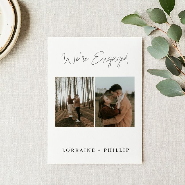 Convite Festa de Compromisso Minimalista com 2 Fotos e rot (Clean and minimal double photo Modern Minimalist Engagement Party Invitation with white background.)