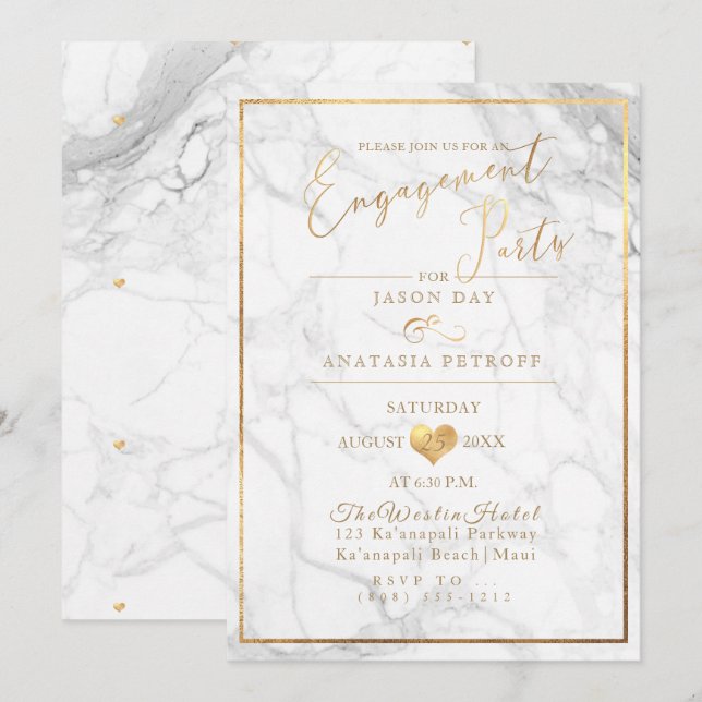 Convite Festa de Compromisso PixDezines Mármore/Dourado Fa (Frente/Verso)