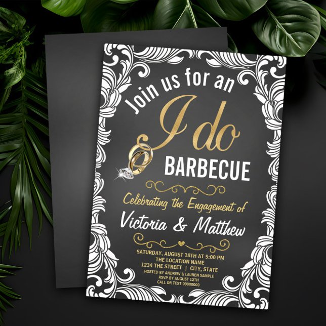 Convite Festa de Compromisso Rustic I Do BBQ Barbecue (Black and gold I do Barbecue engagement party invitation. Simply add your event details.)