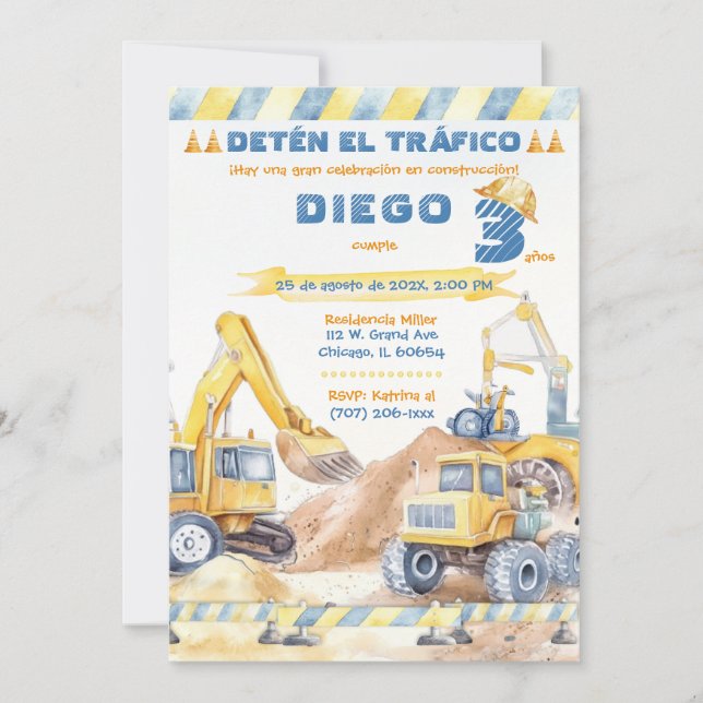 Convite Festa de Construção Editável de 3 Anos (Frente)