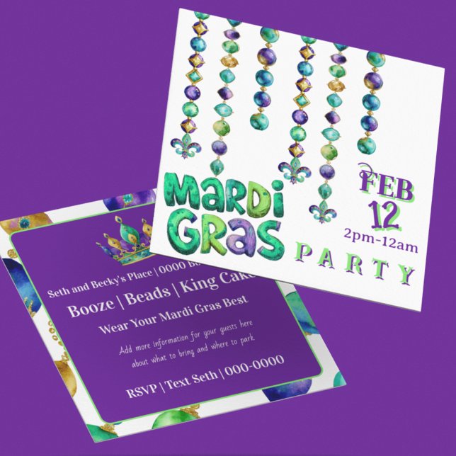 Convite Festa de Contas de Mardi Gras (Personalize the front and reverse of this Mardi Gras Party invitation featuring mardi gras beads)