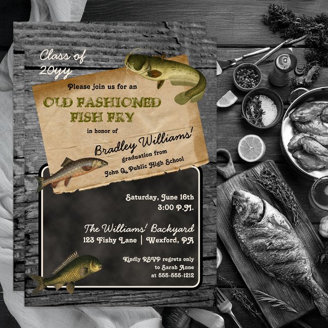 Convite Festa de Cookout de Quintal de Forragem de Peixes  (Rustic Fish Fry Graduation Backyard Cookout Party Invitation -- Print | Digital Download)
