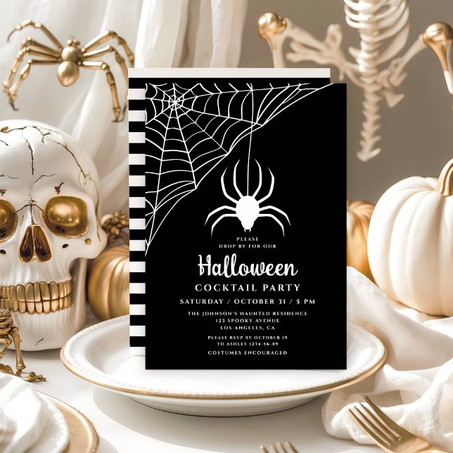 Convite Festa de coquetel do Dia das Bruxas de Aranha Negr (Cute Black Spider Halloween Cocktail Party Invitation)