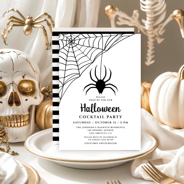 Convite Festa de coquetel do Dia das Bruxas de Aranha Negr ( Cute Black Spider Halloween Cocktail Party Invitation)