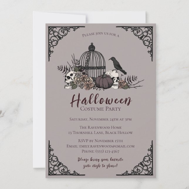 Convite Festa de Costume Adulto do Halloween Escuro Elegan (Frente)
