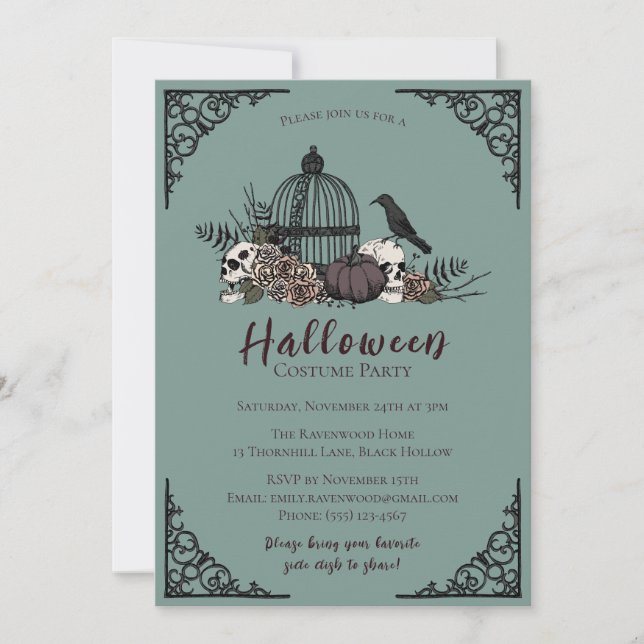 Convite Festa de Costume Adulto do Halloween Escuro Elegan (Frente)