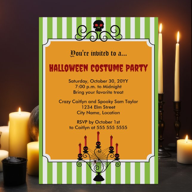 Convite Festa de Costume Candelabra no Halloween Skull (Halloween skull and candelabra costume party invitation.)