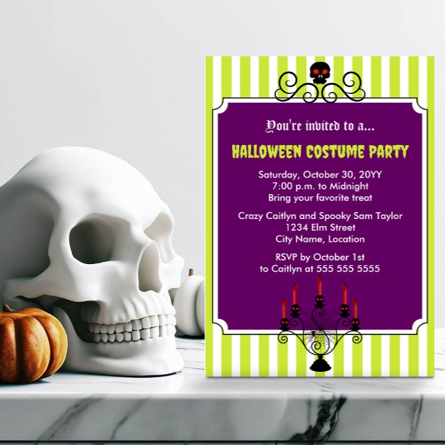 Convite Festa de Costume Candelabra no Halloween Skull (Get ready for a goulish Halloween costume party! Send out this perfect invite to family & friends.)