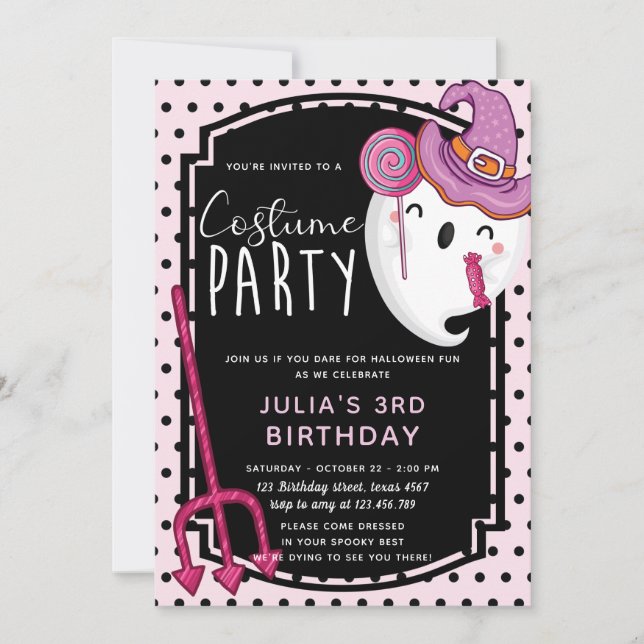 Convite Festa de Costume de Aniversário da Garota Hallowee (Frente)