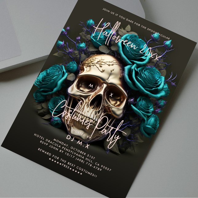 Convite Festa de Costume de Halloween Skull Teal Blue Mode (Halloween Costume Party Skull Teal Blue Modern Invitation
)