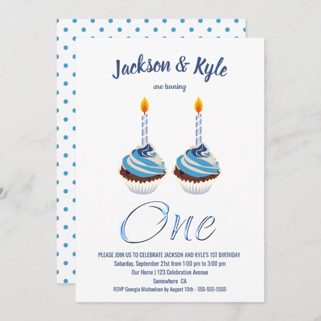 Convite Festa de Cupcake Azul primeiro aniversario Twin Bo (Frente/Verso)